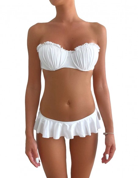 Bikini colore bianco fascia push up balconcino con volant slip o brasiliana