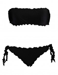 Bikini fascia con smerlo frou frou e slip o brasiliana con fiocchi nero
