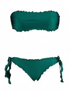 Bikini fascia con smerlo frou frou e slip o brasiliana con fiocchi verde foresta