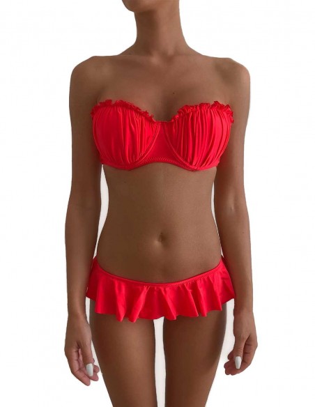 Bikini colore rosso fascia push up balconcino Greta con slip o brasiliana volant