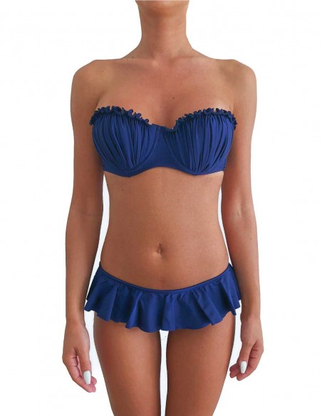Bikini colore blue notte fascia push up balconcino Greta con slip o brasiliana volant