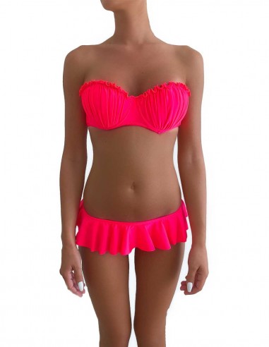 Bikini colore corallino fascia push up balconcino Greta con slip o brasiliana volant