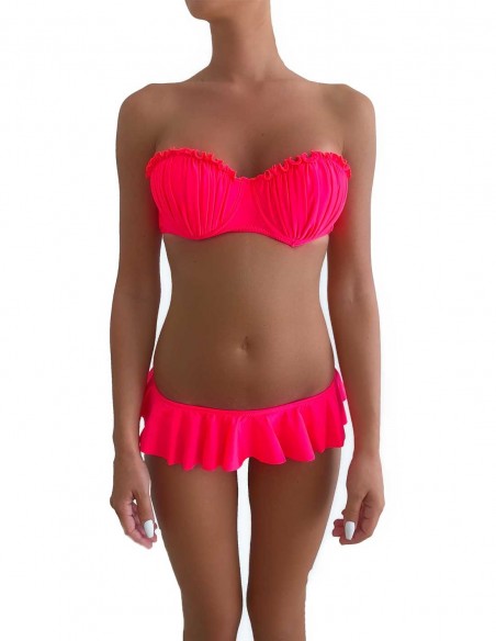 Bikini colore corallino fascia push up balconcino Greta con slip o brasiliana volant